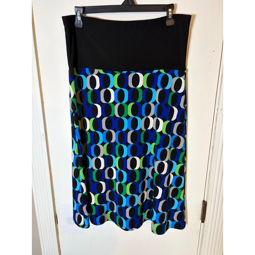 MSK Petite Geometric Print Midi Skirt Blue Green Black Mod Link Pattern PM
